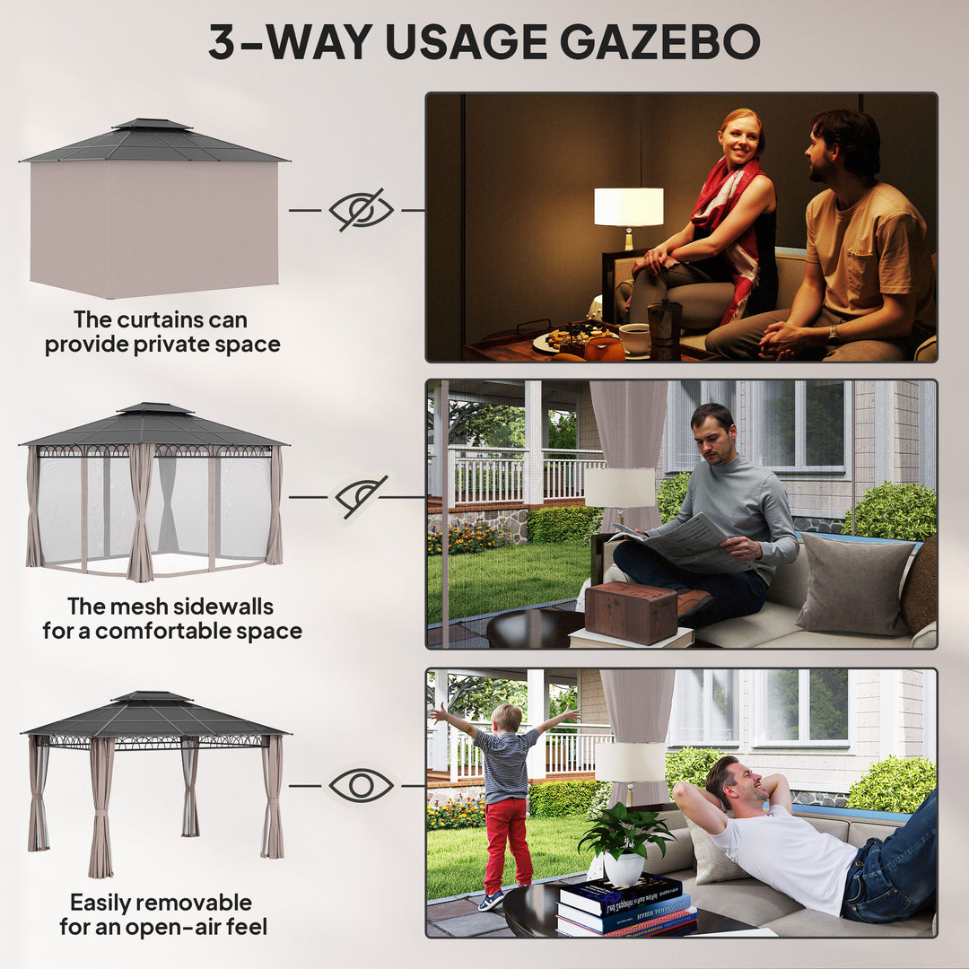 3.6 x 3 (m) Outdoor Polycarbonate Gazebo, Double Roof Hard Top Gazebo with Nettings & Curtains for Garden, Lawn, Patio
