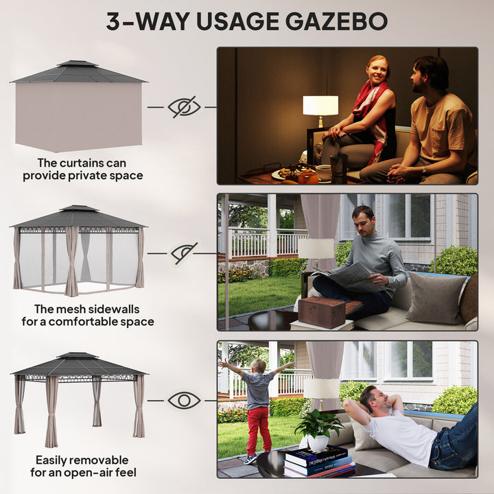 3.6 x 3 (m) Outdoor Polycarbonate Gazebo, Double Roof Hard Top Gazebo with Nettings & Curtains for Garden, Lawn, Patio