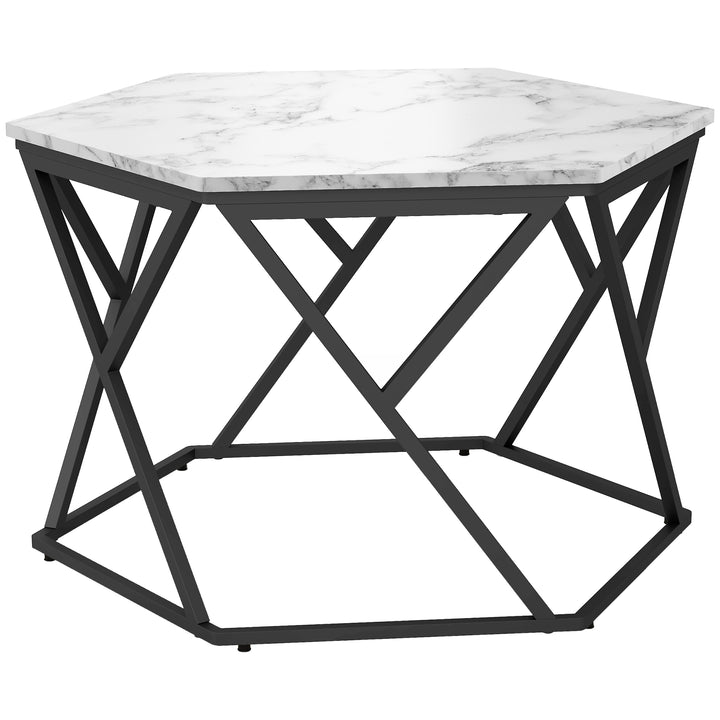 Hexagonal Coffee Table with High Gloss Marble Effect Table Top, Modern Cocktail Table with Steel Frame for Living Room, White