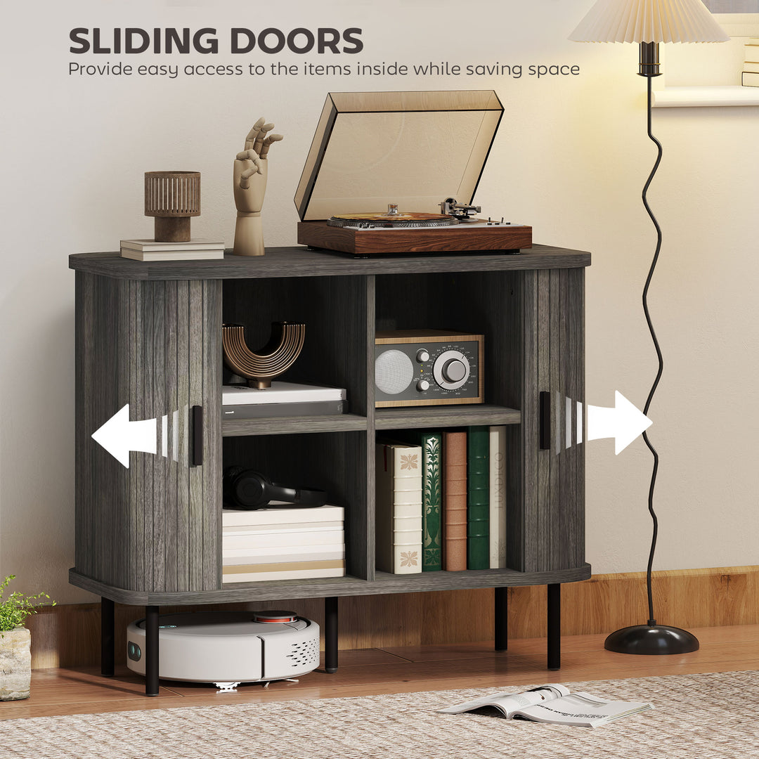 Mid-Century Modern Sideboard Storage Cabinet with Slatted Tambour Sliding Doors, Kitchen Cabinet with Steel Legs, Grey