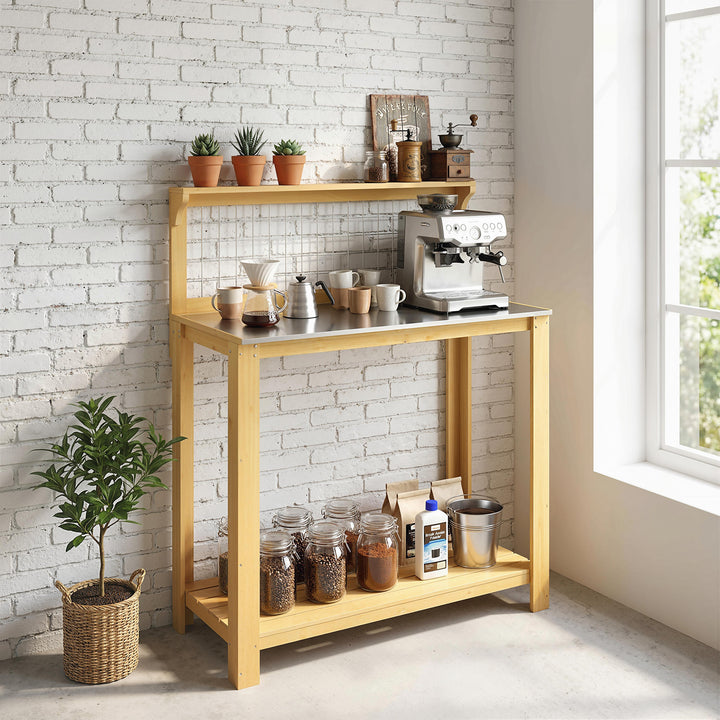 Wooden Potting Bench Table with Aluminium Worktop, Outdoor Garden Work