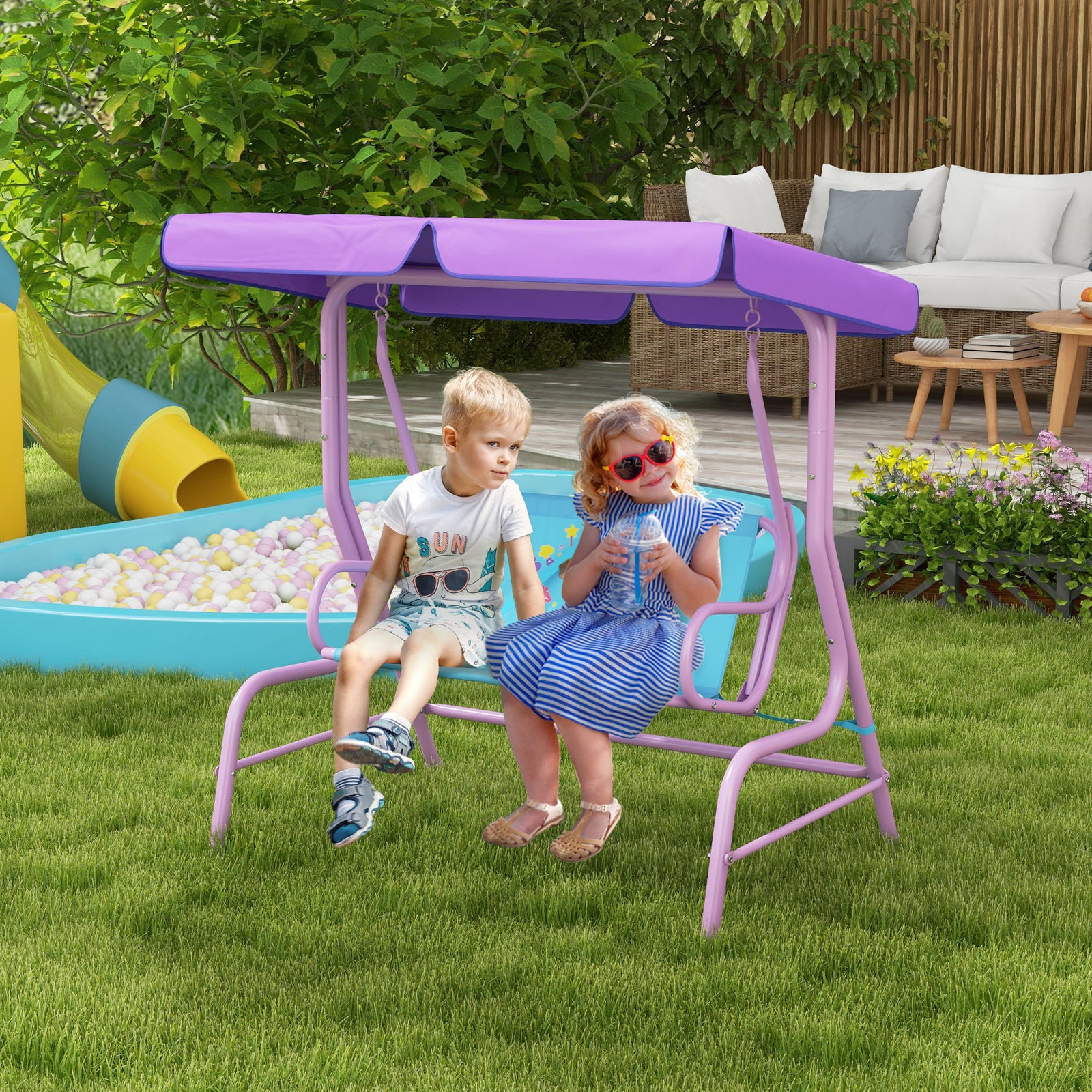 Two Seater Kids Garden Swing, Fairy Themed kids Swing Chair with Adjustable Canopy, Safety Belts for Outdoor Use