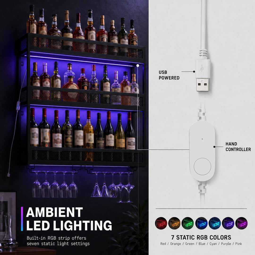 Wall-Mounted Wine Rack with LED Lights, Glass Holders, Open Shelf - view 5