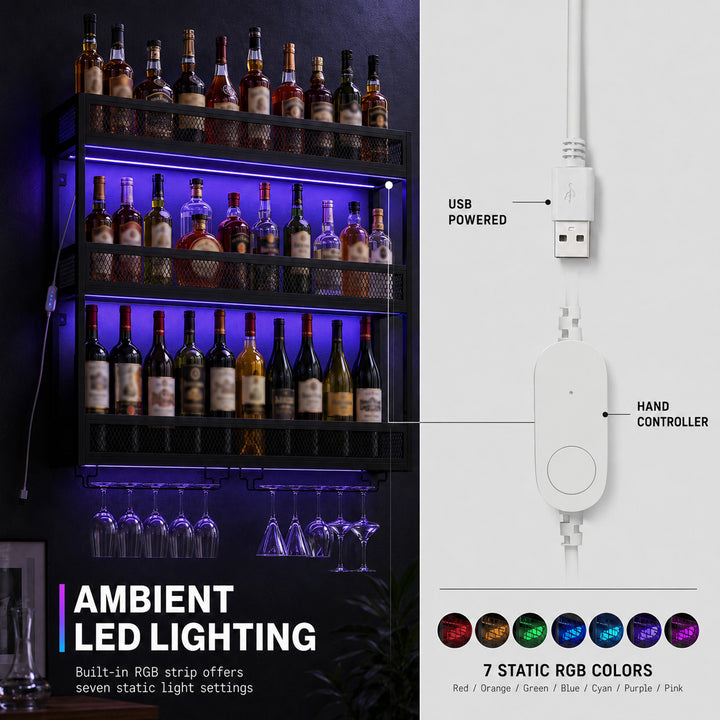 Wall-Mounted Wine Rack with LED Lights, Glass Holders, Open Shelf - view 5