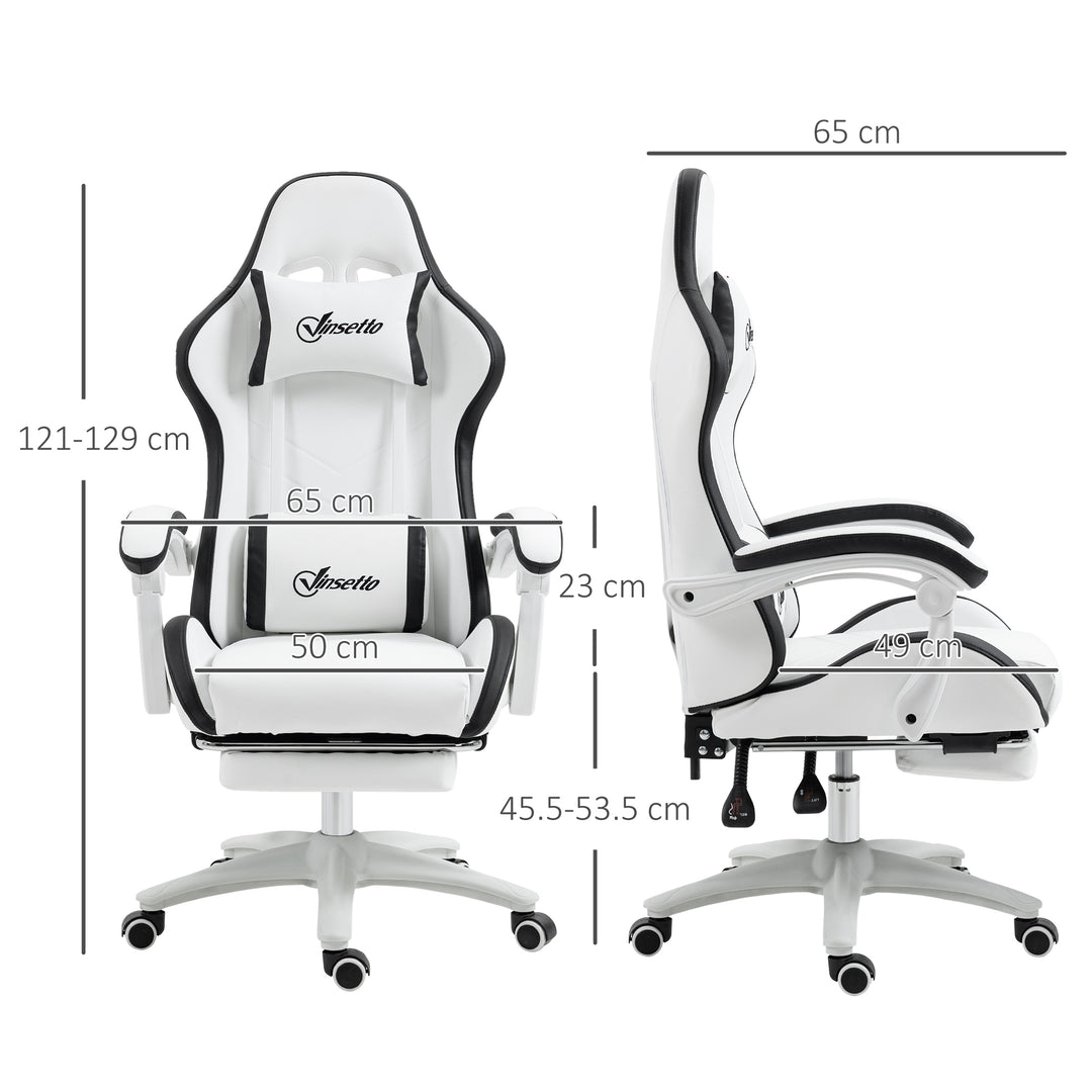 Computer Gaming Chair, PU Leather Office Desk Chair with Footrest, Swivel Wheels, 135° Reclining Back, Lumbar Support, Headrest for Home, White and Black