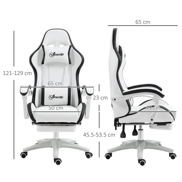 Computer Gaming Chair, PU Leather Office Desk Chair with Footrest, Swivel Wheels, 135° Reclining Back, Lumbar Support, Headrest for Home, White and Black