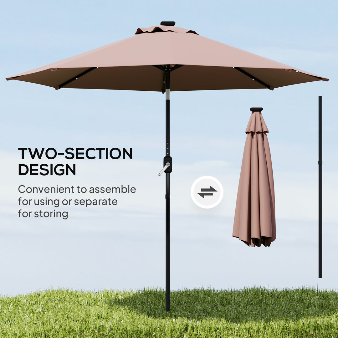 Φ2.7m Garden 24 LED Light Parasol Solar Outdoor Tilt Sun Umbrella Patio Club Party Event Manual Sun Shade w/ Hand Crank and 8 Ribs, Brown