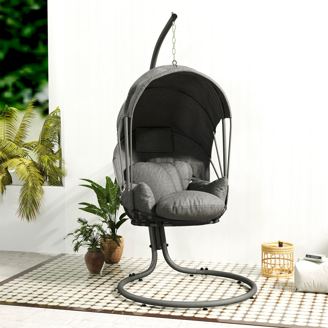 Hanging Egg Chair Swing Hammock Chair with Stand, Cushion and Retractable Canopy, for Indoor and Outdoor, Grey