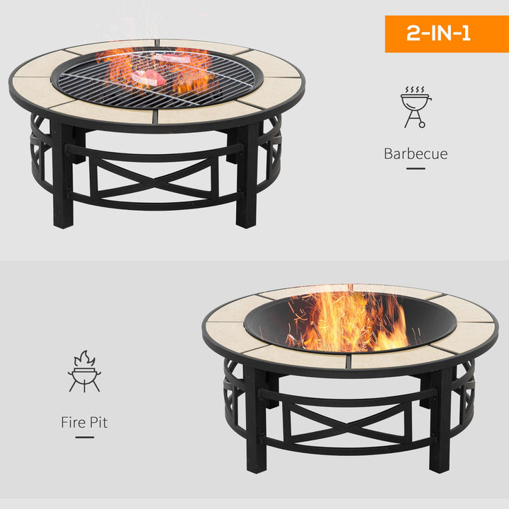 Outsunny Metal Large Fire Pit, Outdoor Firepit Bowl with Grill, Spark Screen Cover, Fire Poker for Garden, Bonfire, Patio, 84 x 84 x 52cm, Black