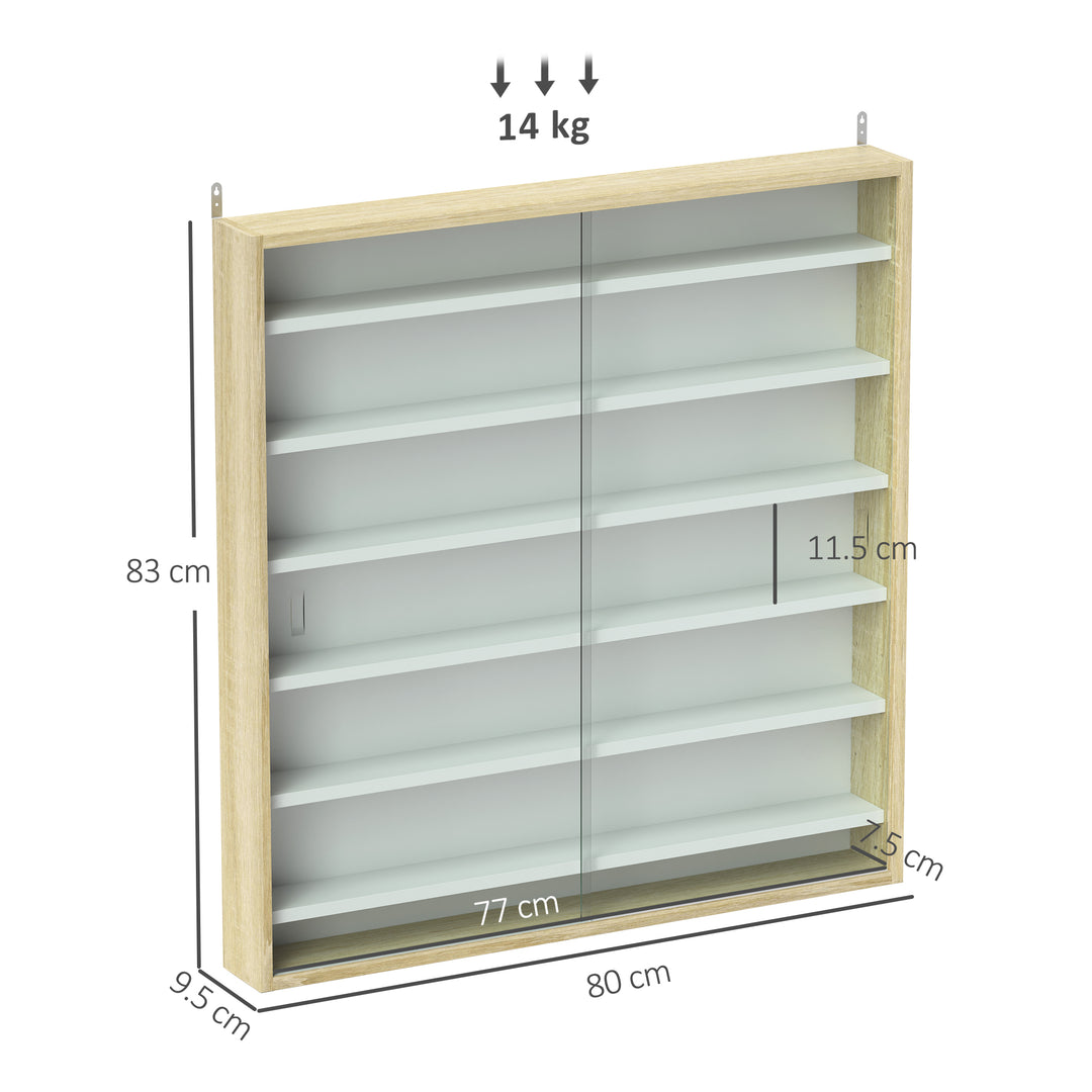 7-Tier Wall Display Shelf Unit Cabinet w/ 6 Adjustable Shelves Glass Doors Home Office Ornaments 83x80cm, Oak