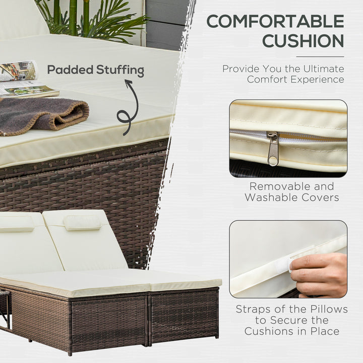 Double Rattan Sun Lounger, Garden Daybed with 5-Level Adjustable Backrest and Flip Side Trays, Wicker Outdoor Furniture Recliner with Cushions and Pillows for Patio, Cream White