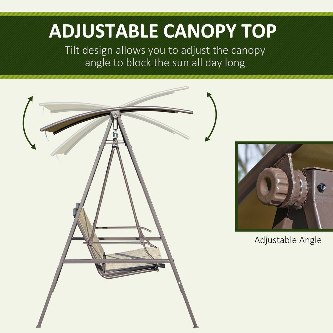 2 Seater Garden Swing Seat Swing Chair, Outdoor Canopy Swing Bench with Adjustable Shade, Metal Frame and Texteline Seat, Brown