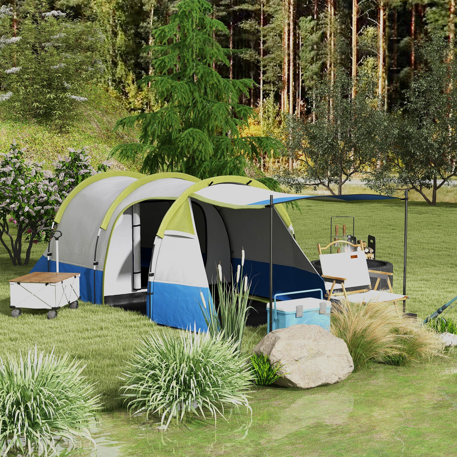 Three Man Two-Room Tent, with Porch and Accessories - Green