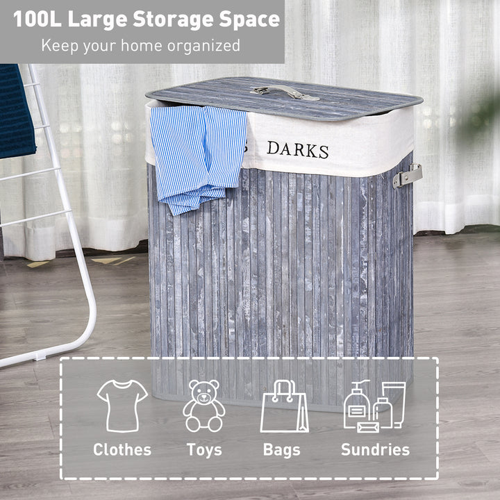 HOMCOM Wooden Laundry Hamper: 100L Collapsible Basket with Lid & Liner, Bedroom/Bathroom Storage, Grey | Aosom UK