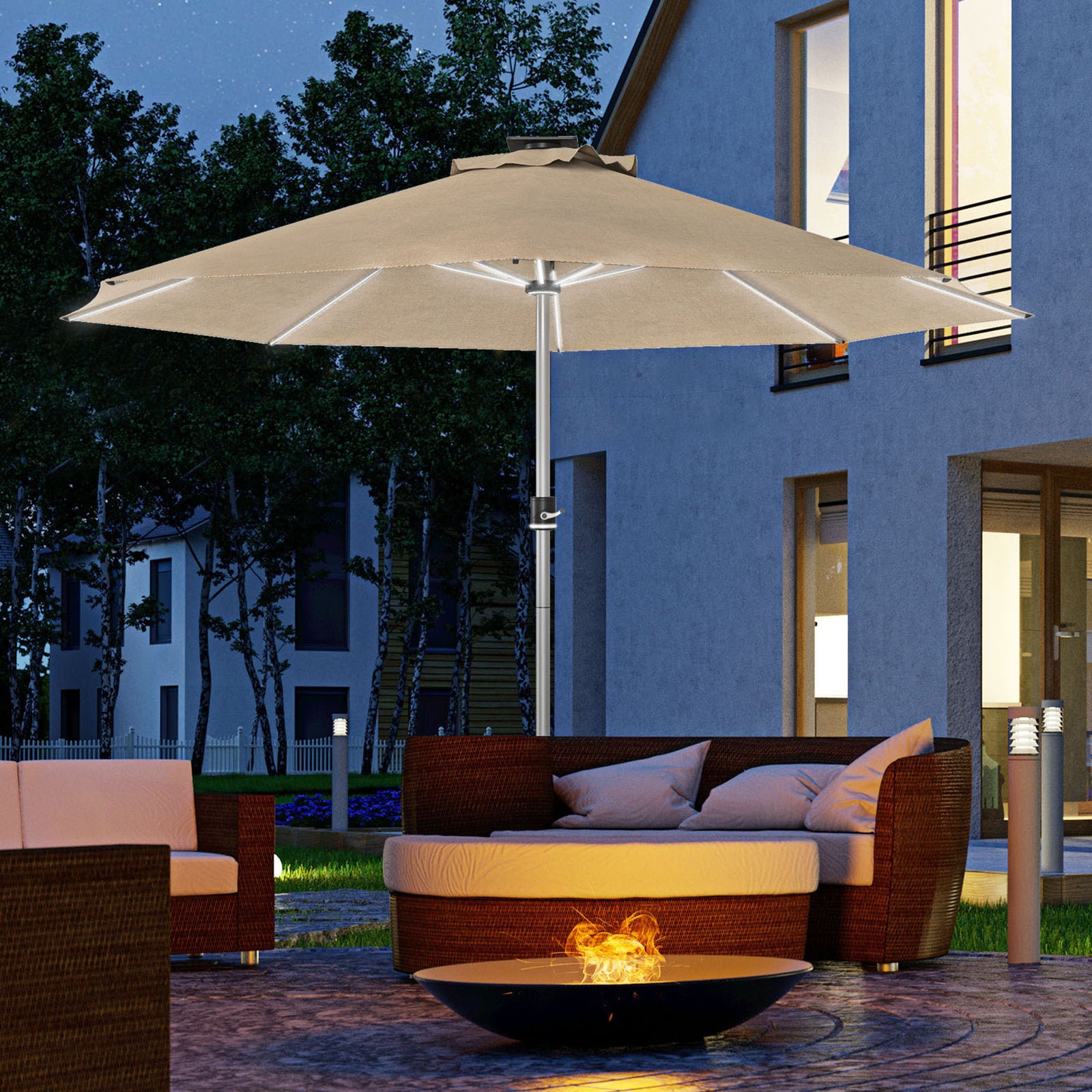 3m Parasol, with Solar-Powered LED Lights - Khaki