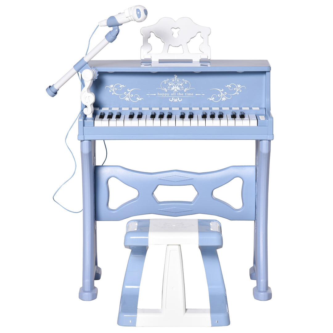 37 Keys Kids Piano Mini Electronic Keyboard Light Kids Musical Instrument Educational Game Children Grand Piano Toy Set w/Stool & Microphone & Music Stand (Blue)