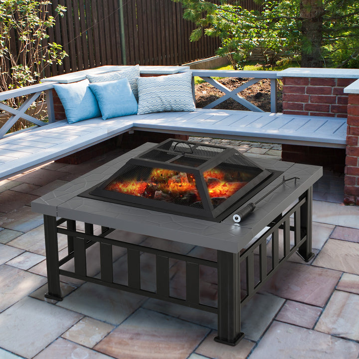 Metal Large Firepit Outdoor Square Fire Pit Brazier w/ Rain Cover, Lid, Log Grate, Poker for Backyard, Camping, BBQ, Bonfire, Wood Burning Stove, 86 x 86 x 54cm, Black
