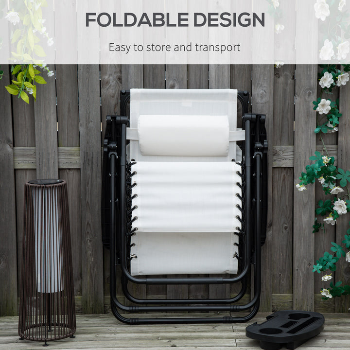 2 Piece Foldable Reclining Garden Chair with Headrest, Zero Gravity Deck Sun Lounger Seat Chair with Footrest, Armrest, Cup Holder & Canopy Shade, White