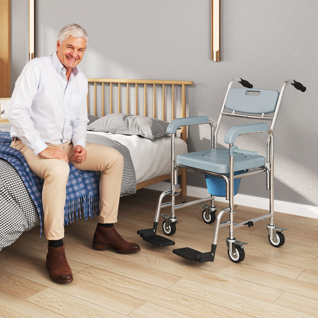 Rolling Shower Wheelchair for Seniors, Bedside Commode Chair with Locking Wheels, Seat, Backrest, Arms