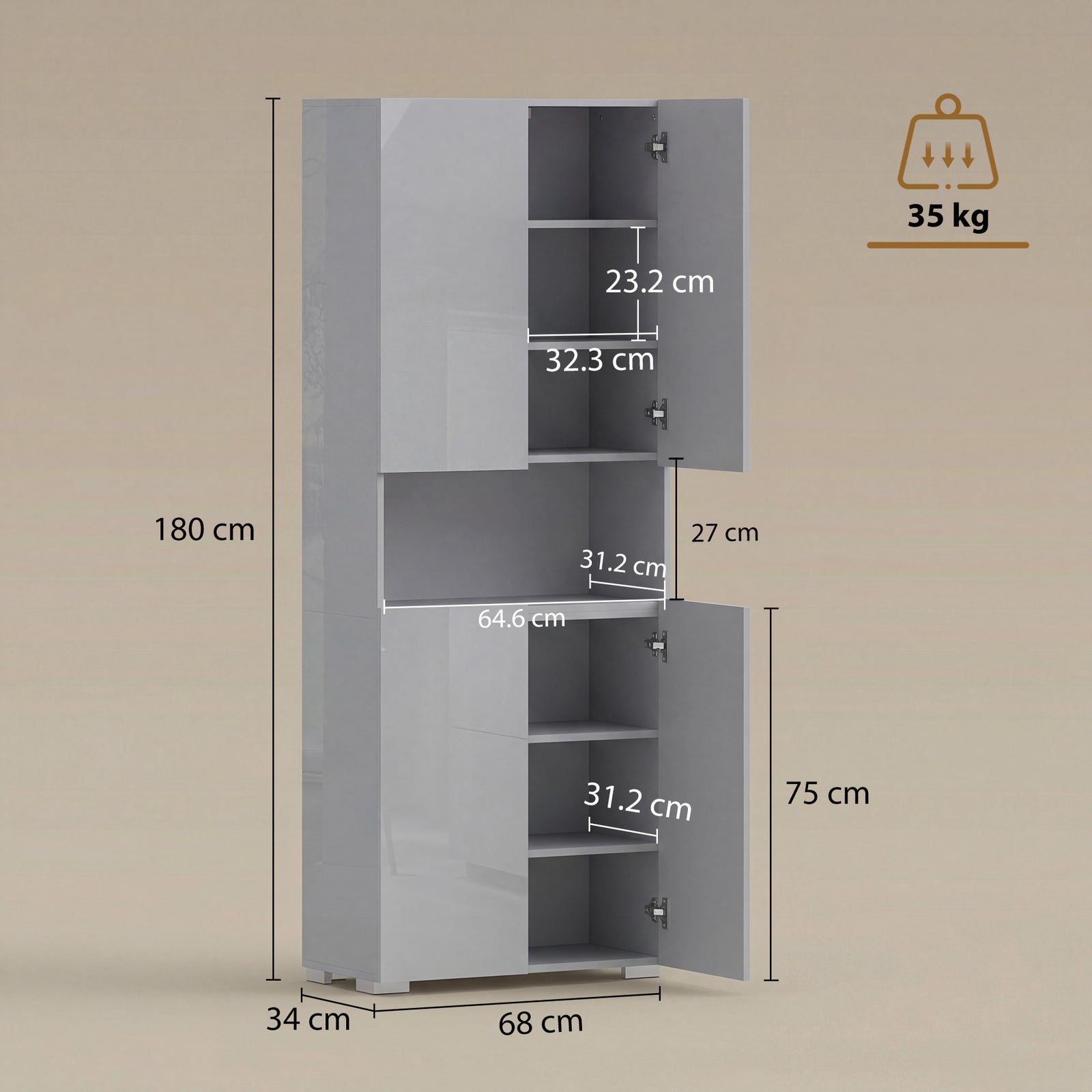 180 cm Tall Kitchen Cupboard, Pantry Storage Cabinet with Soft Close D