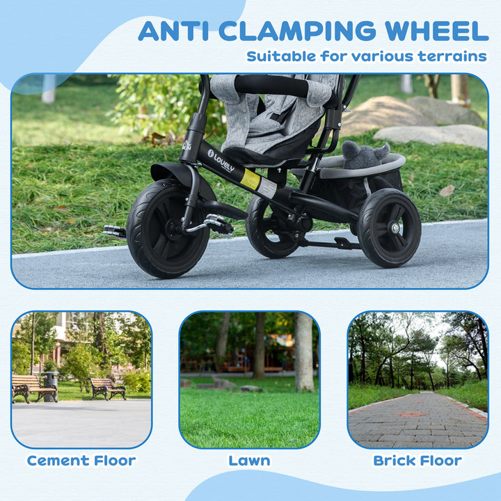 6 in 1 Kids Trike with Parent Handle, Canopy, 5-point Safety Belt, Storage, Footrest, Brake, for 1-5 Years, Grey
