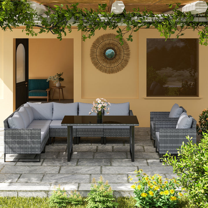 9 Piece Rattan Garden Furniture Set, 8 Seater Garden Corner Sofa with Cushions and Glass Top Table, Sectional Outdoor Furniture Conservatory Set for Patio, Light Grey