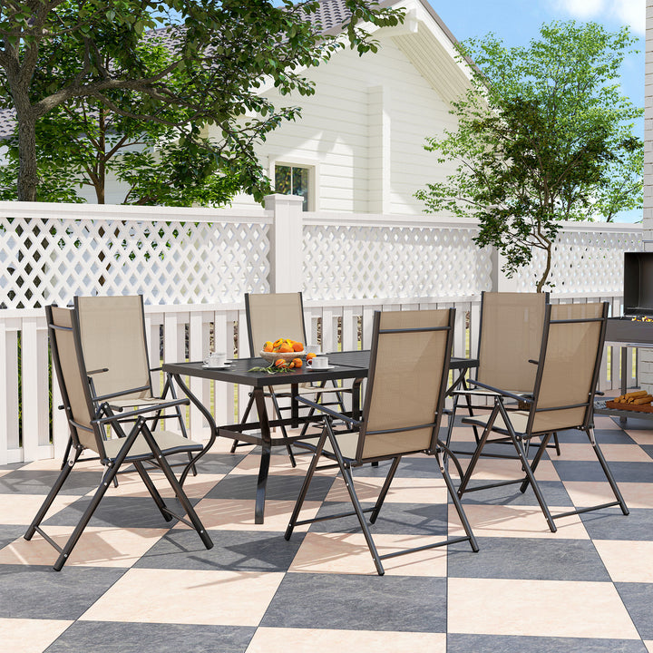 Seven-Piece Steel Outdoor Dining Set, with Parasol Hole - Khaki