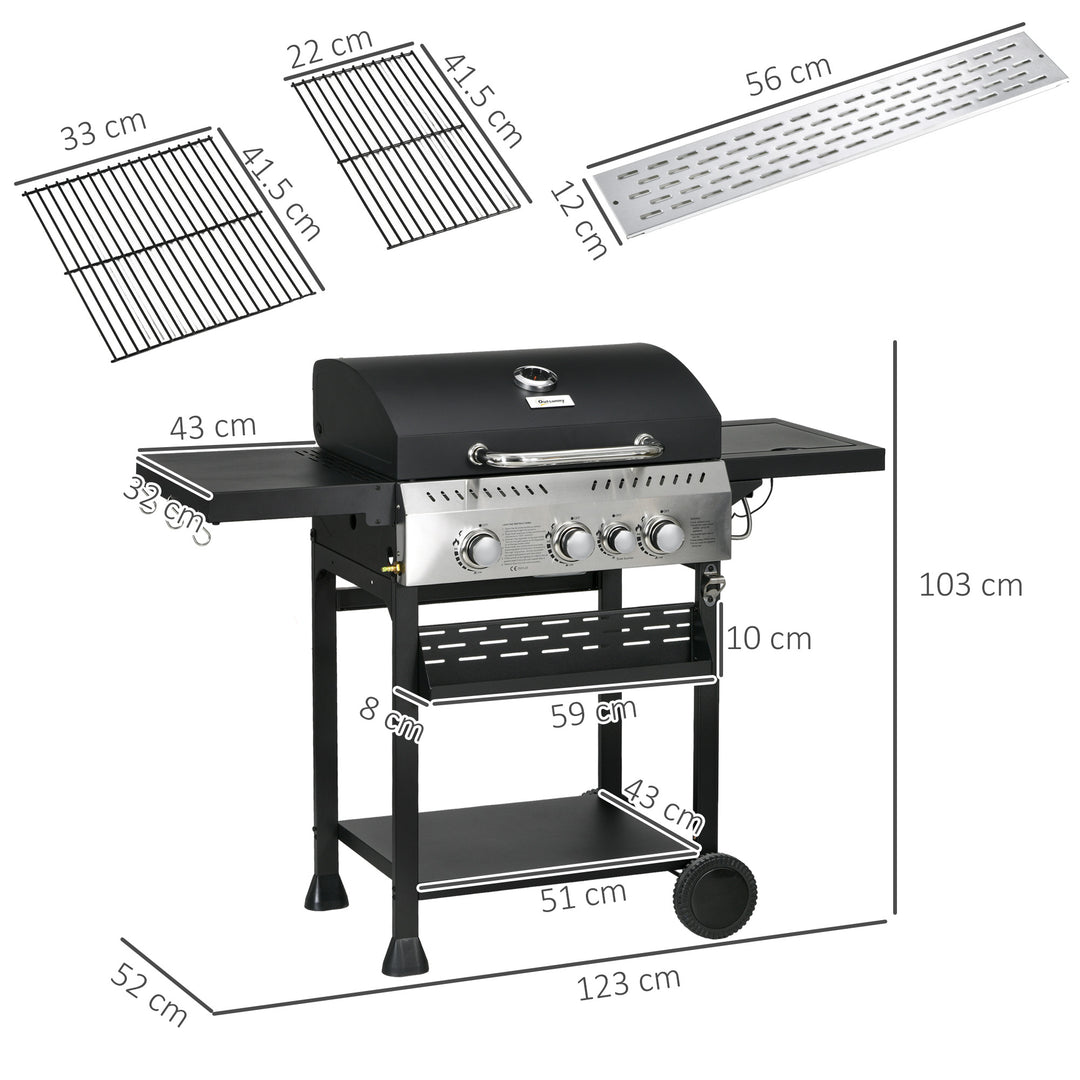 Four-Burner Steel Gas Grill, with Thermometer - Black