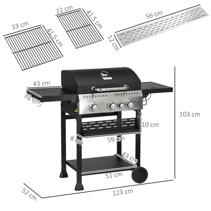 Four-Burner Steel Gas Grill, with Thermometer - Black