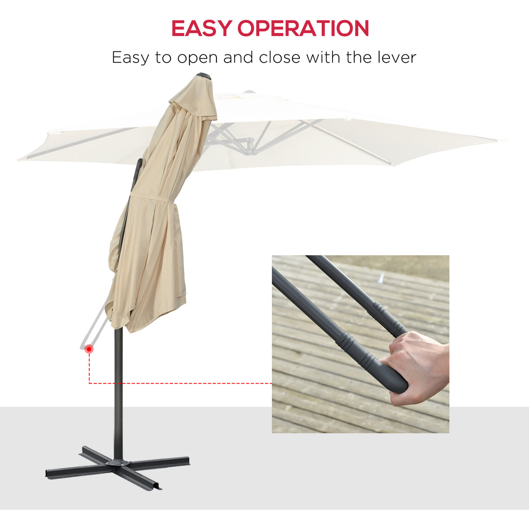 3m Cantilever Parasol with Easy Lever, Patio Umbrella with Crank Handle, Cross Base and 6 Metal Ribs, Outdoor Sun Shades for Garden, White