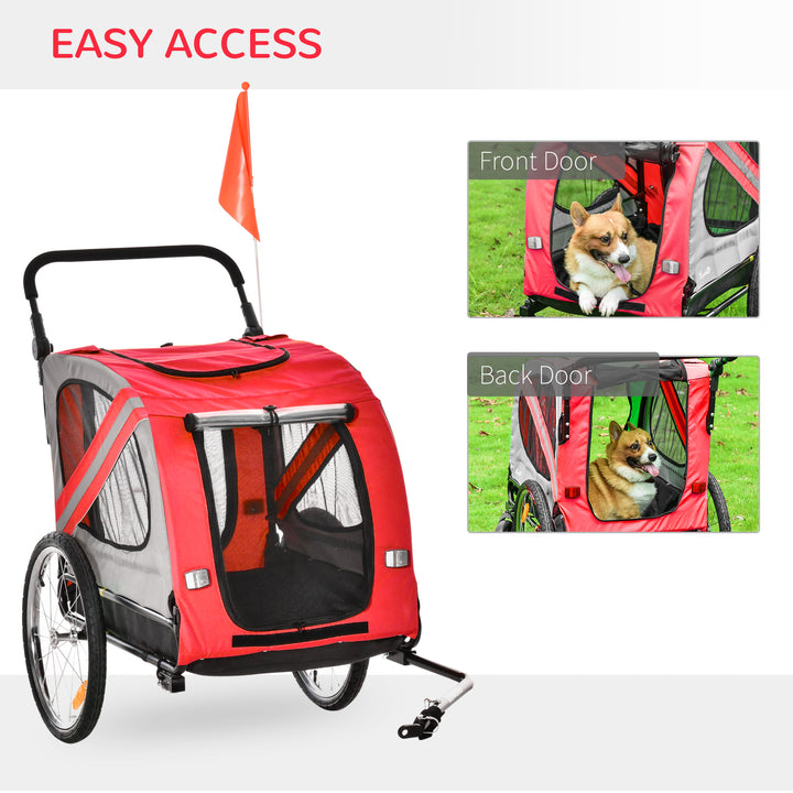 2-In-1 Dog Bike Trailer Pet Stroller with Universal Wheel Reflector Flag Red
