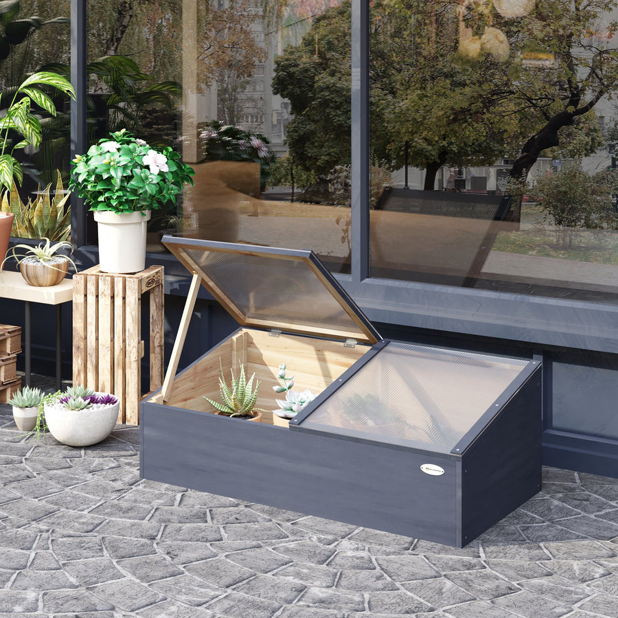Wooden Cold Frame Mini Greenhouse Garden Polycarbonate Grow House with Independent Openable Top Covers for Flowers, Vegetables, Plants, 100 x 50 x 36 cm, Light Grey