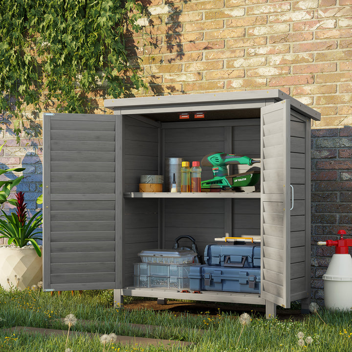 Outsunny Garden Shed Wooden Garden Storage Shed 2 Door Unit Solid Fir Wood Garage Tool Organisation Cabinet, 87L x 46.5W x 96.5Hcm, Grey | Aosom UK