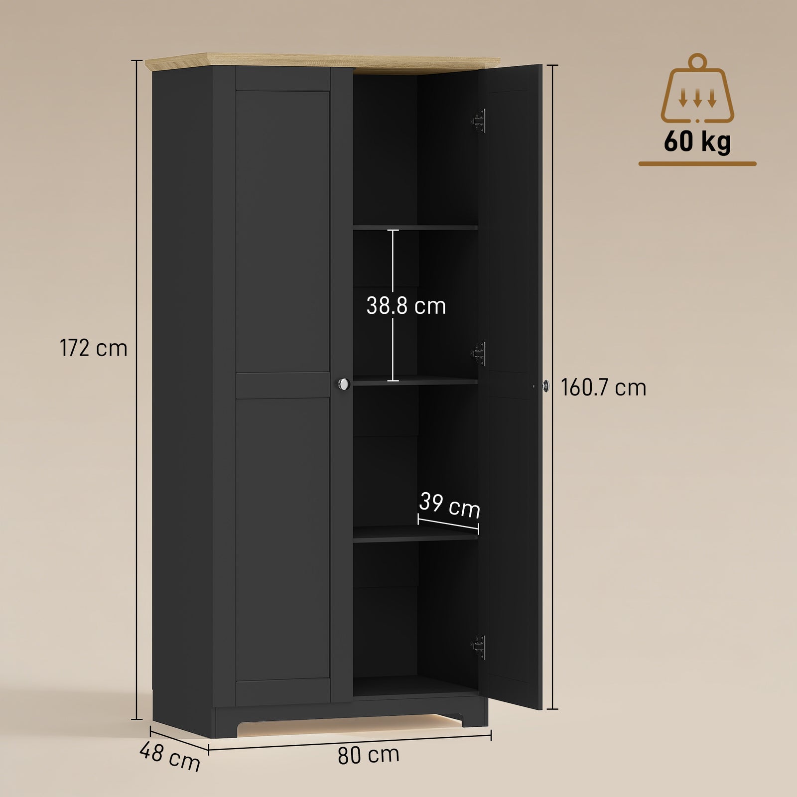 Kitchen Cupboard, 172cm Freestanding Storage Cabinet with Doors and Sh