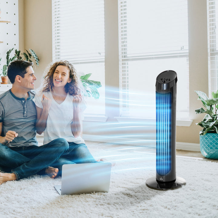 HOMCOM Ultra-Slim Tower Fan: 3 Speeds, Noise Reduction Tech for Indoor Cooling, Sleek Black | Aosom UK