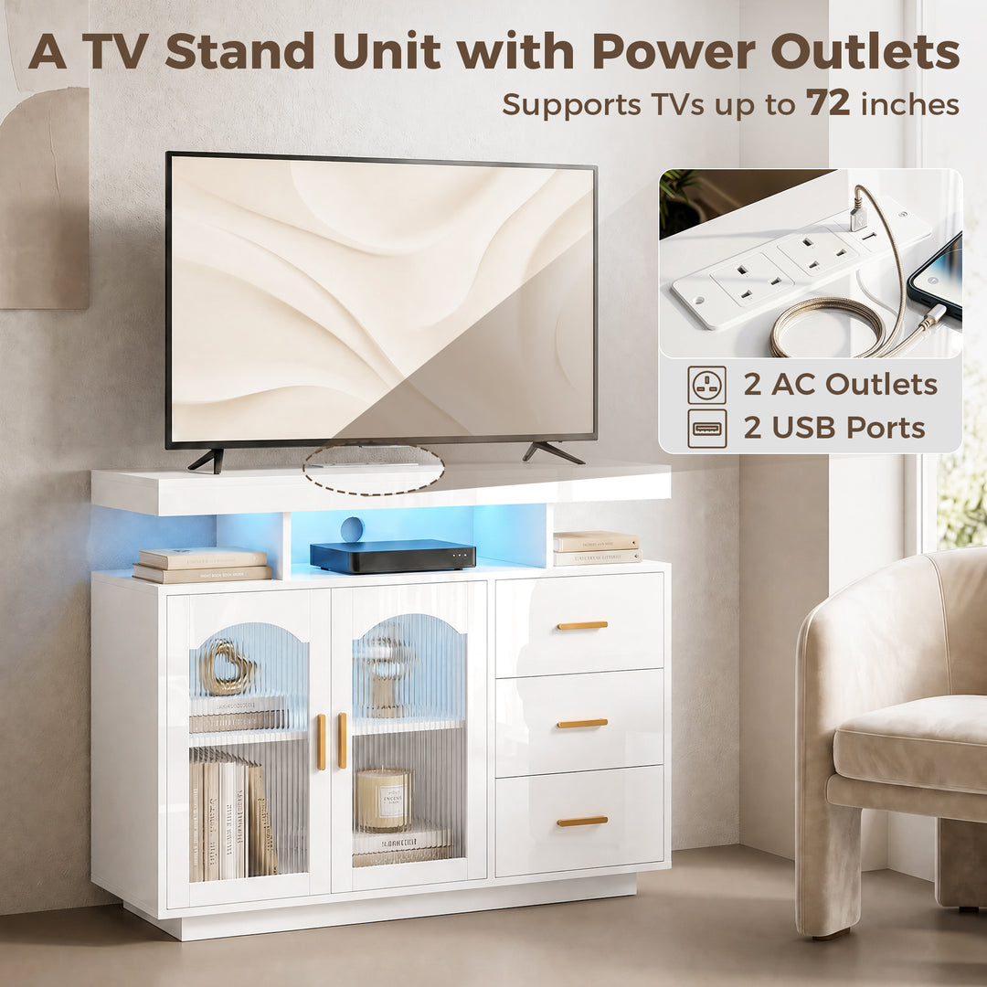 High Gloss Sideboard with LED Lights, Built-in Power Outlets, 3 Drawer