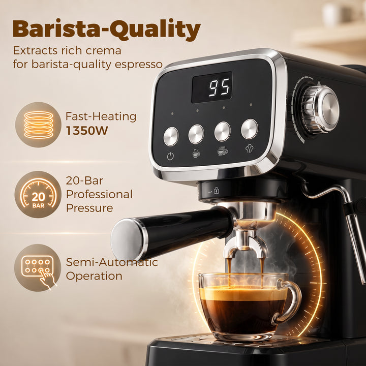 Espresso Machine, 20-Bar Cappuccino Coffee Maker with Frother Wand, 1.