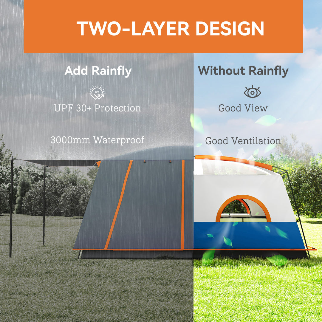 4-6 Man Camping Tent, Double Layer Tunnel Tent with Porch, Living Area and 2 Bedrooms, Sewn in Groundsheet, 3000mm Waterproof and UPF 30+, Portable with Bag, Blue