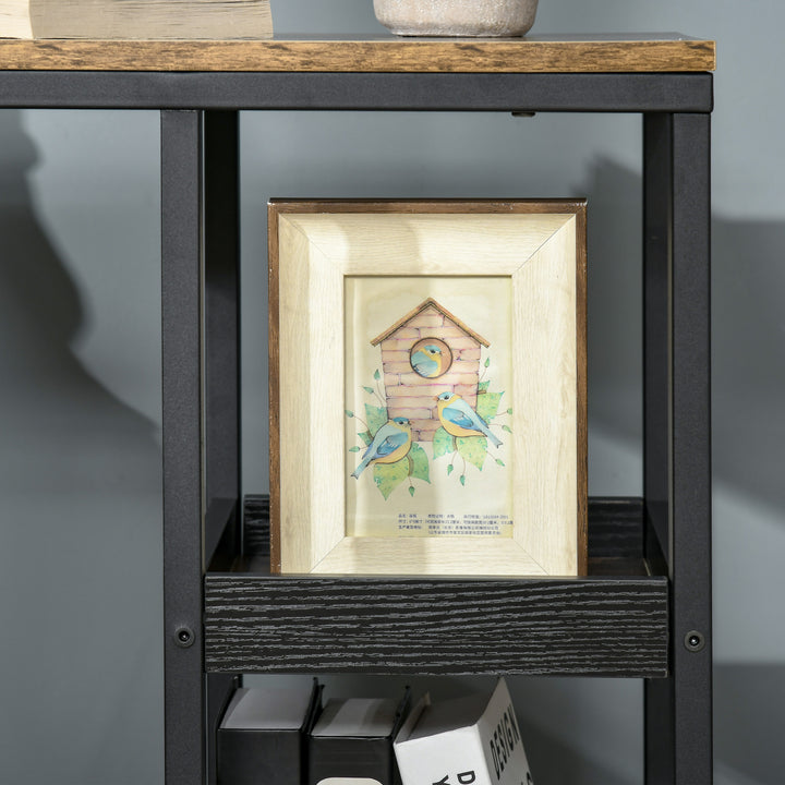 MCL Mobile Sofa Side Table, Industrial C-Shaped Rolling Table with 3-Tier Storage Shelving, Four Lockable Wheels Steel Frame, Dark Brown