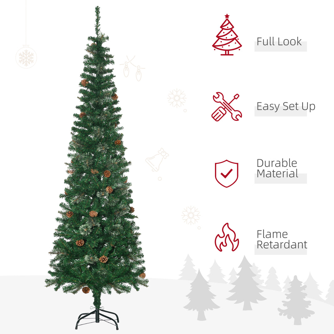 HOMCOM 6.5' Tall Slim Christmas Tree Artificial with Realistic Branches, 556 Tip Count and 27 Pine Cones, Xmas