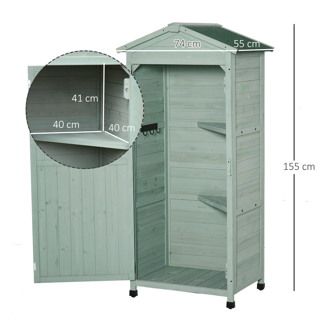 Wooden Garden Shed, Outdoor Storage Cabinet with 2 Shelves and Hooks, Locking Organiser Outdoor Narrow Tool House, 74x55x155cm, Green
