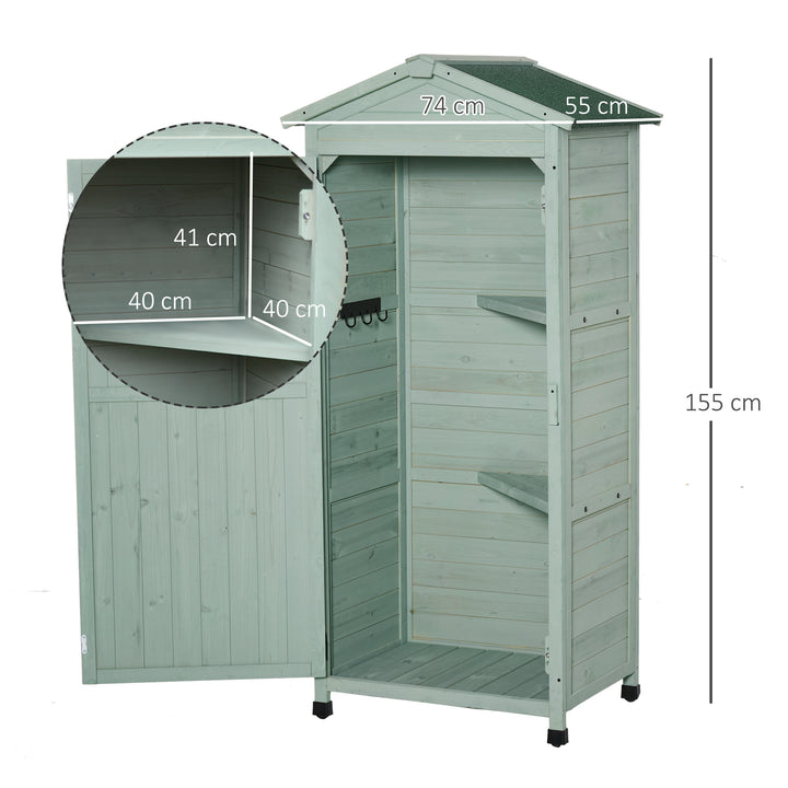 Wooden Garden Shed, Outdoor Storage Cabinet with 2 Shelves and Hooks, Locking Organiser Outdoor Narrow Tool House, 74x55x155cm, Green