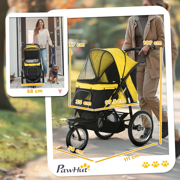 Foldable Pet Stroller Jogger, with Three Wheels, Canopy, for Medium and Small Dogs, Yellow