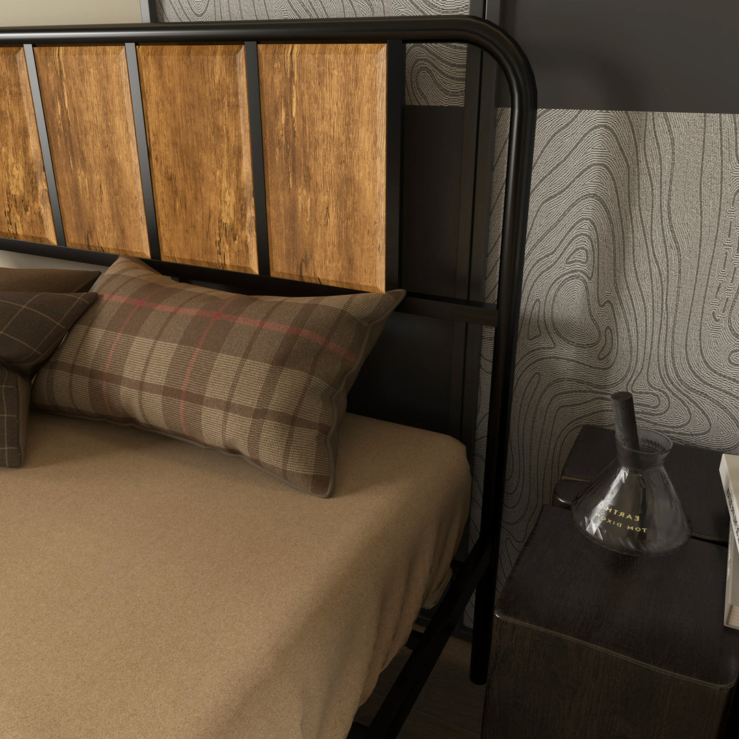 4.8ft Double Bed Frame with Industrial Wood Headboard, Steel Slat Support and 25.5cm Underbed Storage Space, 145 x 199cm, Rustic Brown