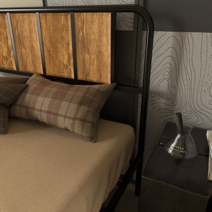 4.8ft Double Bed Frame with Industrial Wood Headboard, Steel Slat Support and 25.5cm Underbed Storage Space, 145 x 199cm, Rustic Brown