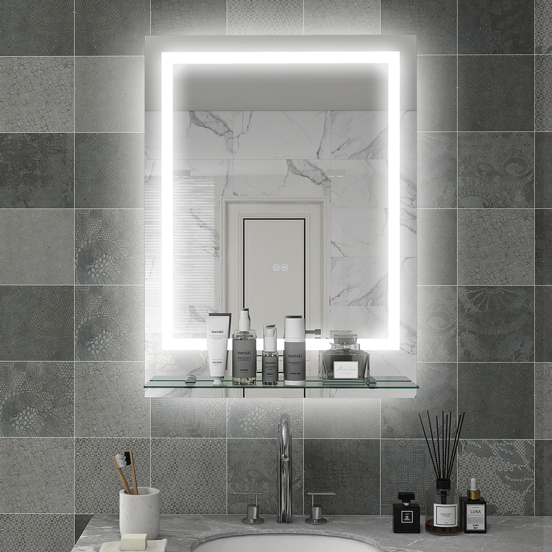 kleankin Illuminated Vanity Mirror: Smart LED Lighting, Anti-Fog, Shelving, 3 Colour Modes, 80x60cm | Aosom UK