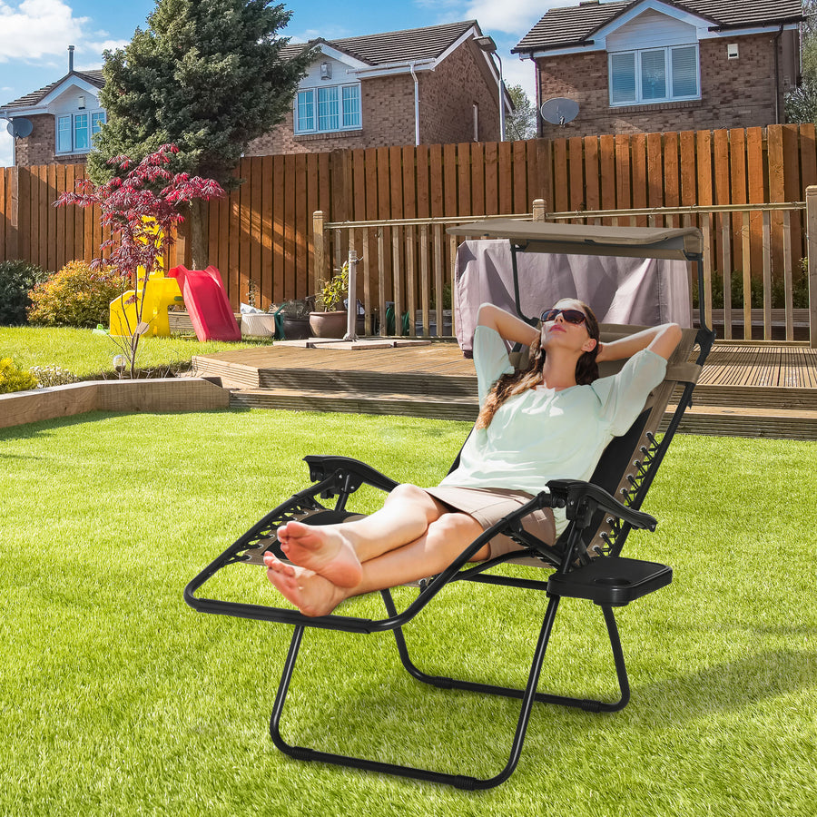 Zero Gravity Lounger Chair, Folding Reclining Patio Chair with Shade Cover, Padded Seat, Cup Holder, Soft Cushion and Headrest for Poolside, Camping, Coffee