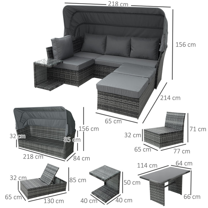 5 PCS Outdoor Rattan Wicker Sofa Sets Reclining Sofa Adjustable Canopy & Side Table Dining Table Set Sectional Conversation Furniture w/ Cushions, Mixed Grey
