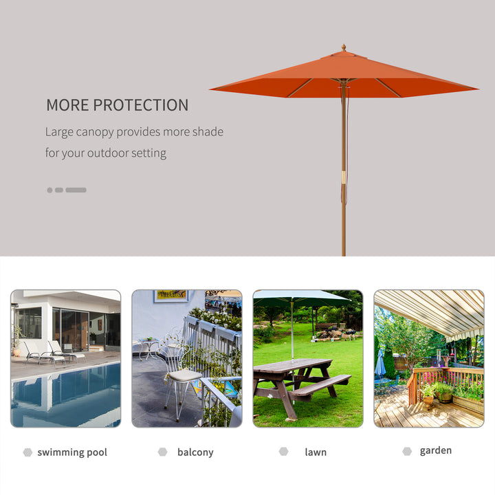 2.5m Wood Garden Parasol Sun Shade Patio Outdoor Wooden Umbrella Canopy, Table Market Umbrella with Vent, 38mm Pole, Rope Pulley Mechanism, Orange