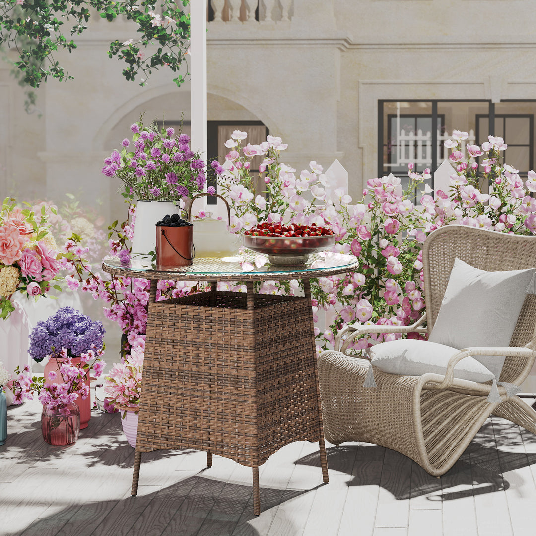 Wicker Garden Rattan Table, Patio Furniture Outdoor Coffee Table with Umbrella Hole and Tempered Glass Top, Brown